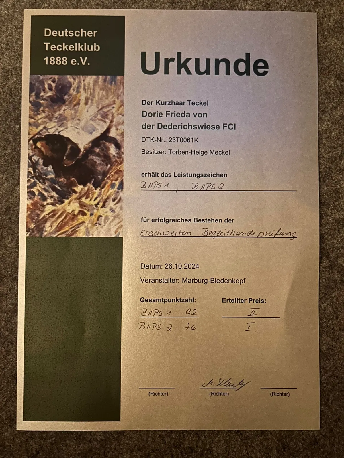 Urkunde des Deutschen Teckelklubs für Dorie Frieda von der Dederichswiese