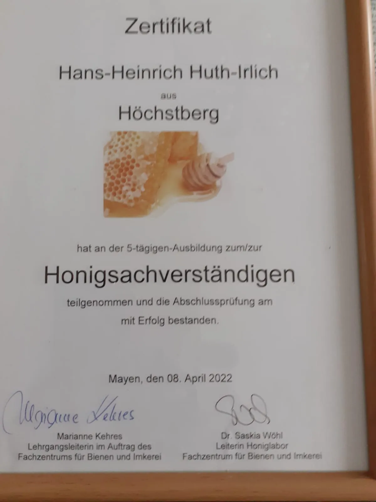 Zertifikat Honigsachverständiger